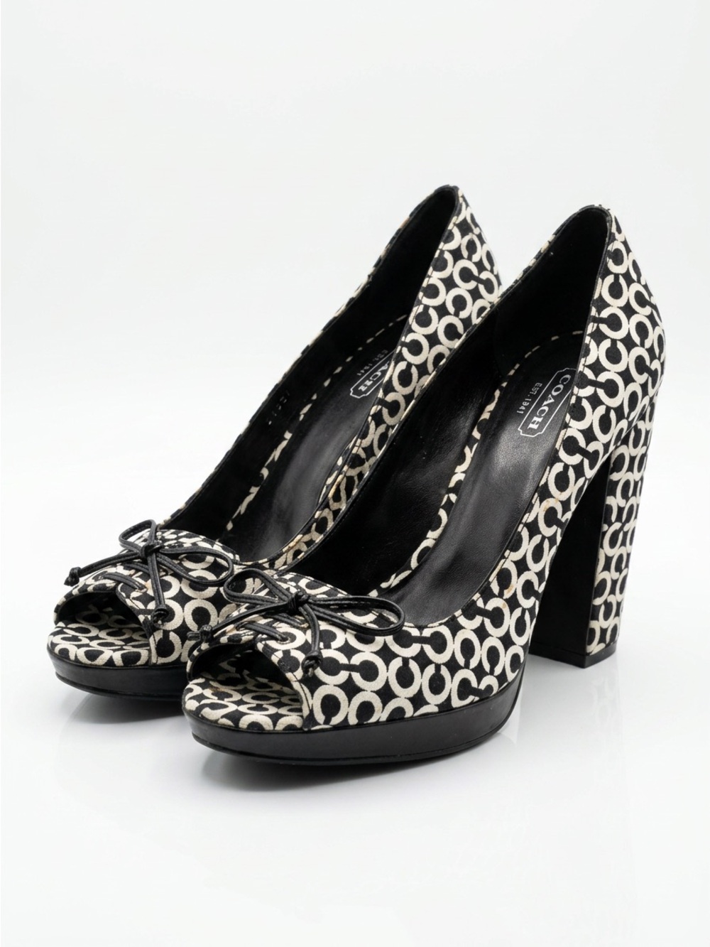Coach Black & White Signature Peep-Toe Platform Pumps